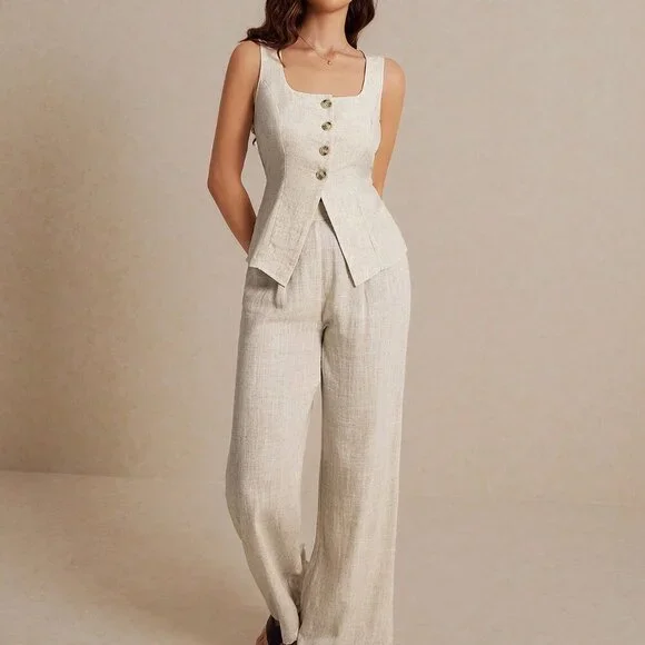 Khaki Casual Women's Summer Linen Color Linen Suit Vest Two-Piece Set - Picture 4 of 7